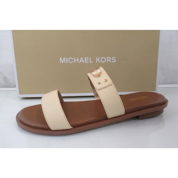 Michael Kors MK Plate Slide Flat Sandal MK Logo Embellished Buttermilk - Picture 1 of 5